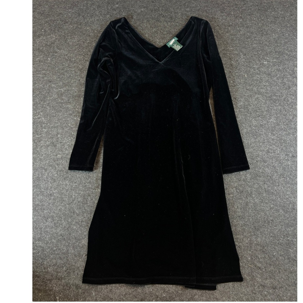 Vintage 90s Ralph Lauren Petite Black Velvet V-Neck Long Sleeve Dress Large P